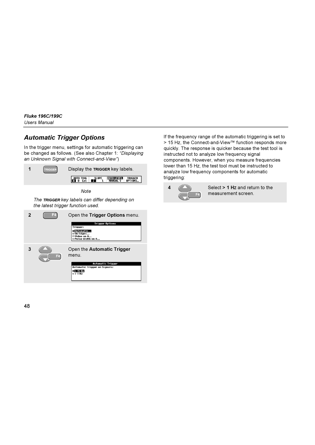 Fluke 196C user manual Automatic Trigger Options, Open the Trigger Options menu, Open the Automatic Trigger 