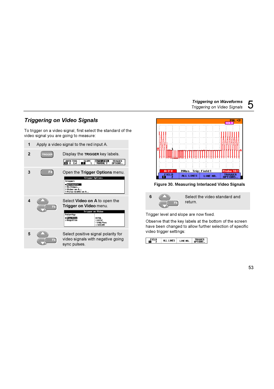 Fluke 196C user manual Triggering on Video Signals, Select Video on a to open, Trigger on Video menu 