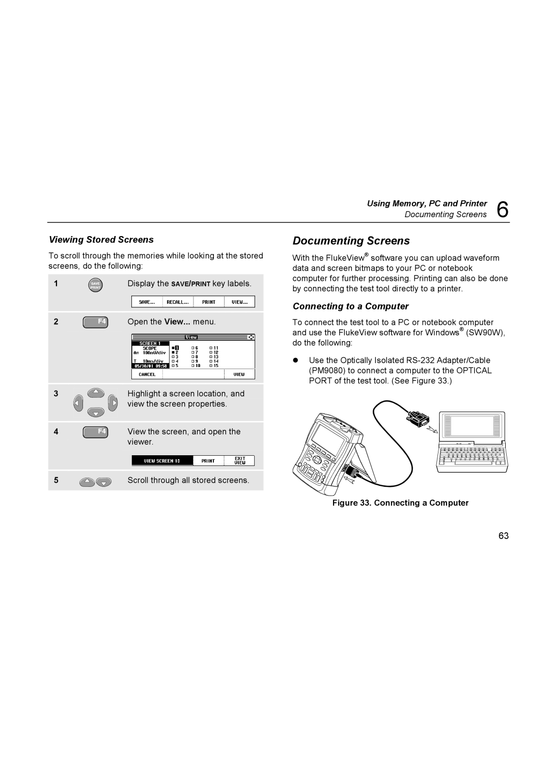 Fluke 196C user manual Documenting Screens, Viewing Stored Screens, Connecting to a Computer, Open the View... menu 