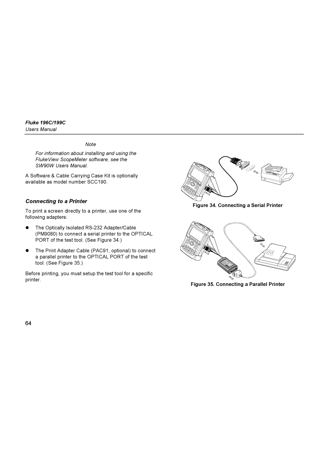 Fluke 196C user manual Connecting to a Printer, Connecting a Serial Printer 