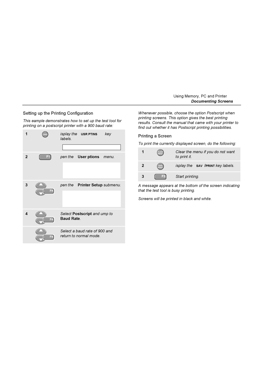 Fluke 196C user manual Setting up the Printing Configuration, Printing a Screen, Open the Printer Setup submenu, Baud Rate 