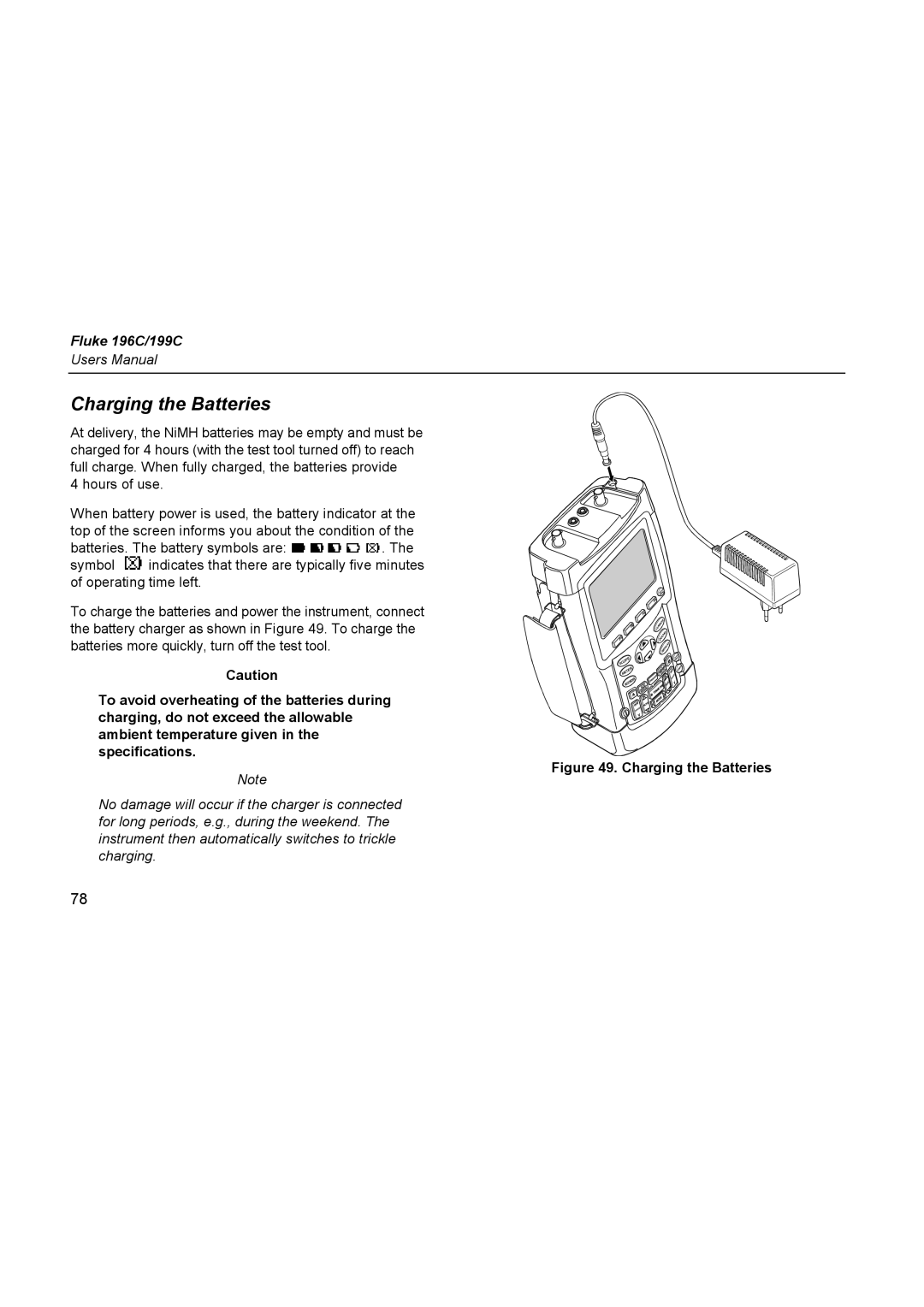 Fluke 196C user manual Charging the Batteries 