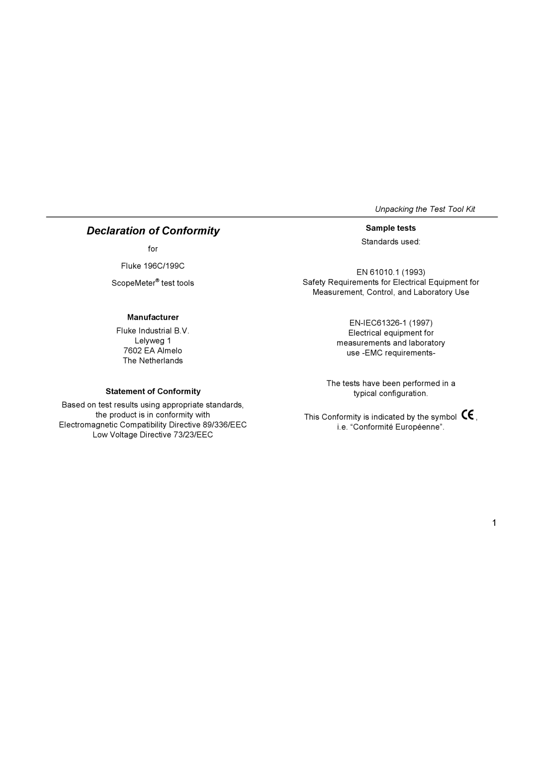 Fluke 196C user manual Declaration of Conformity, Manufacturer, Statement of Conformity, Sample tests 