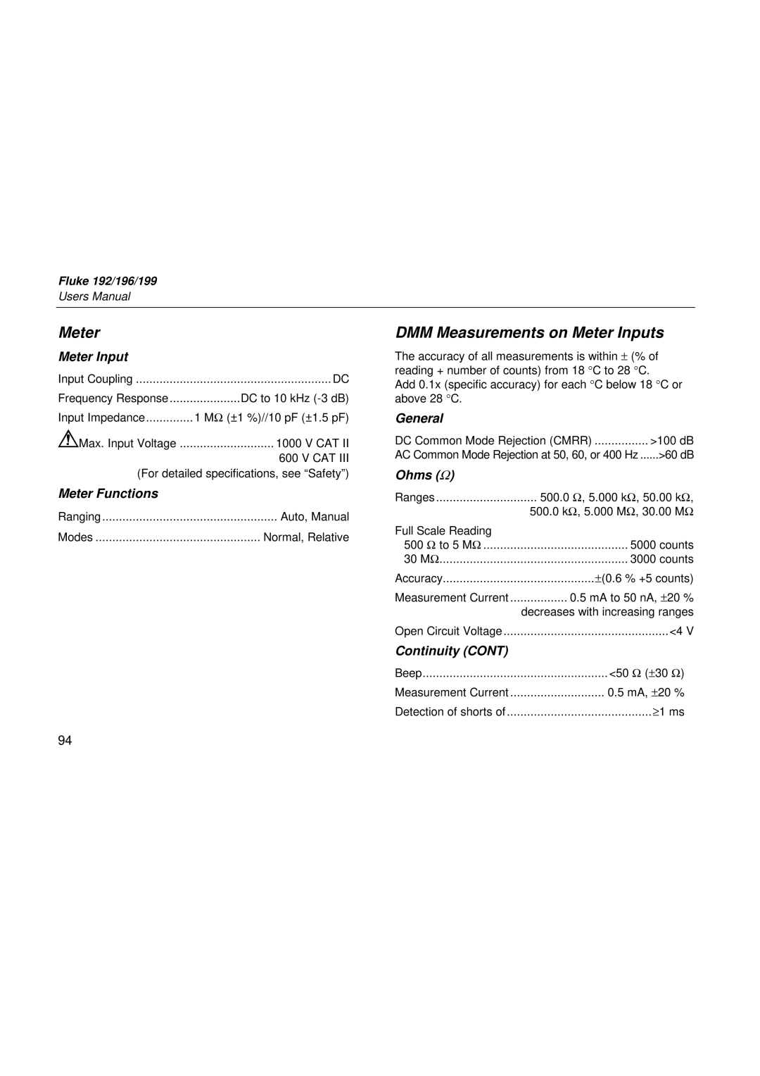 Fluke 199, 196, 192 user manual DMM Measurements on Meter Inputs 