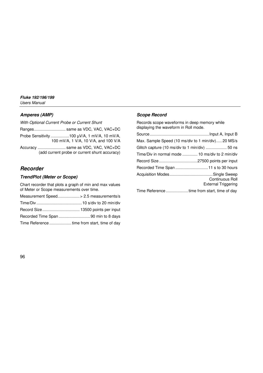 Fluke 192, 199, 196 user manual Recorder, TrendPlot Meter or Scope, Scope Record 