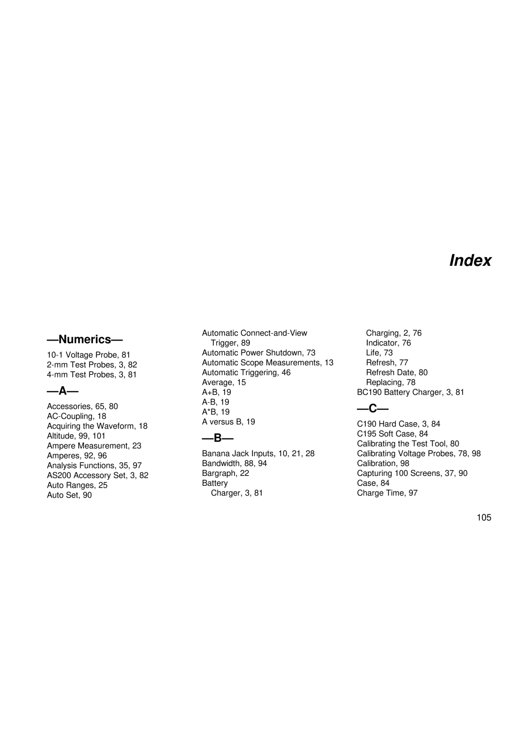 Fluke 192, 199, 196 user manual Index, Numerics 