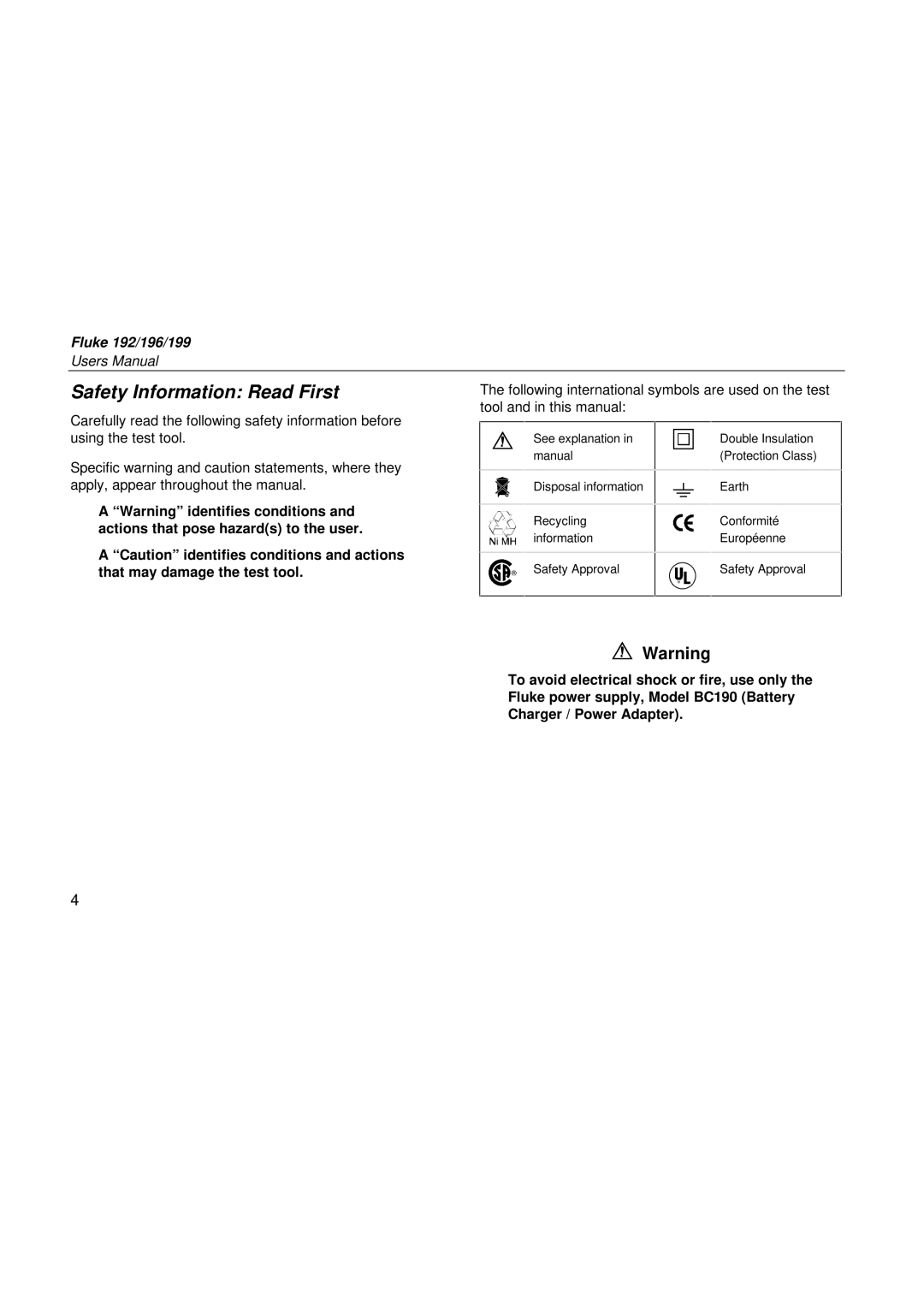 Fluke 199, 196, 192 user manual Safety Information Read First 