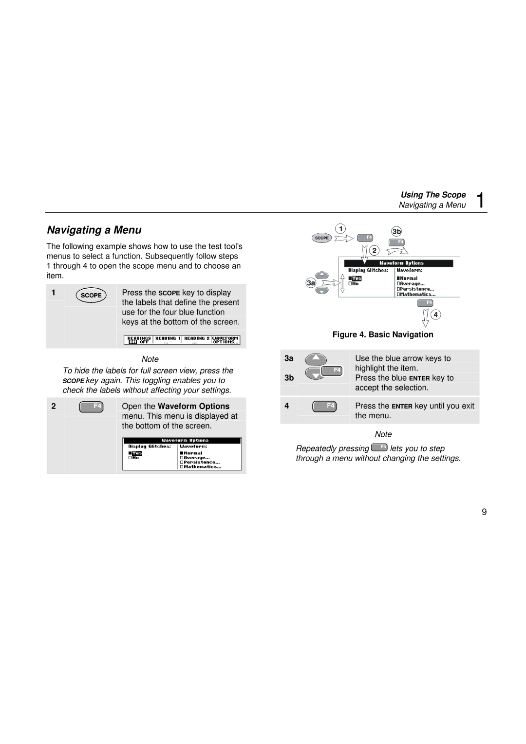 Fluke 192, 199, 196 user manual Navigating a Menu, Open the Waveform Options 