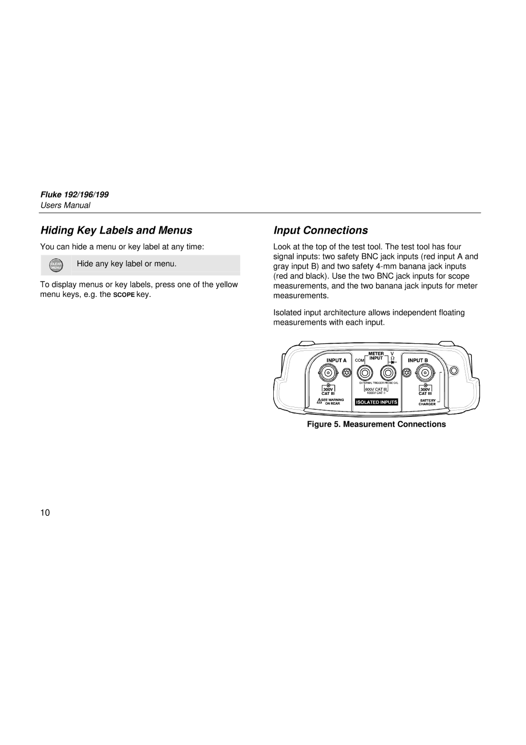 Fluke 199, 196, 192 user manual Hiding Key Labels and Menus, Input Connections 