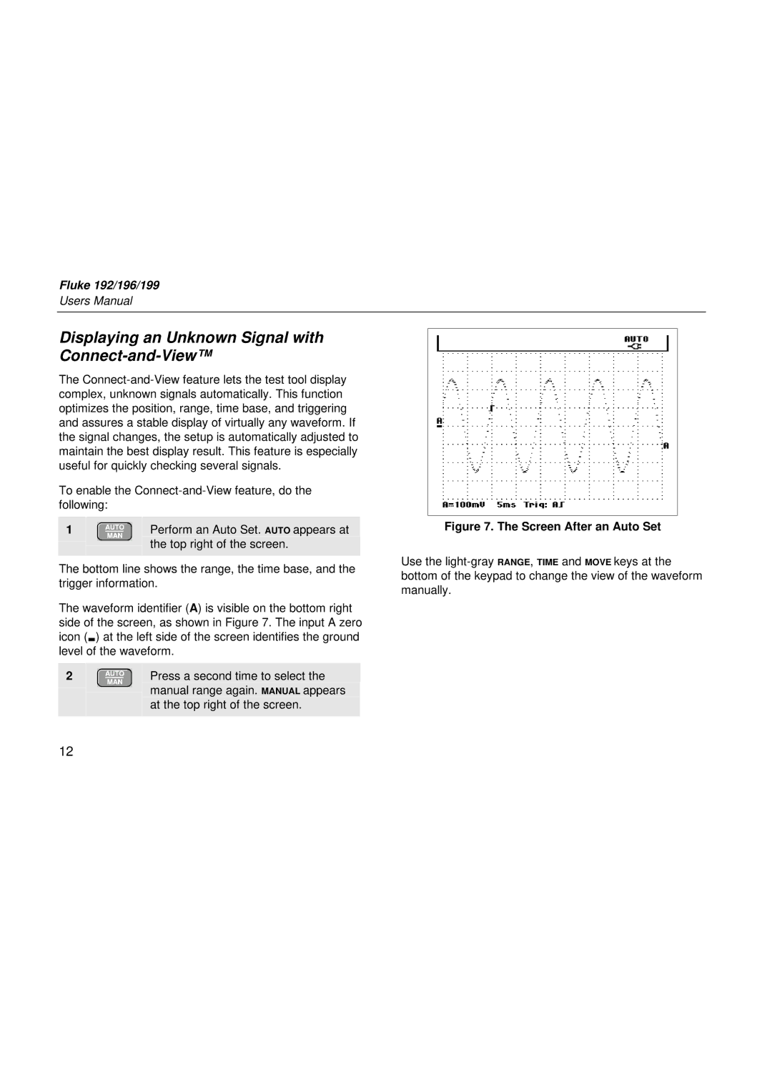 Fluke 192, 199, 196 user manual Displaying an Unknown Signal with Connect-and-View, Screen After an Auto Set 