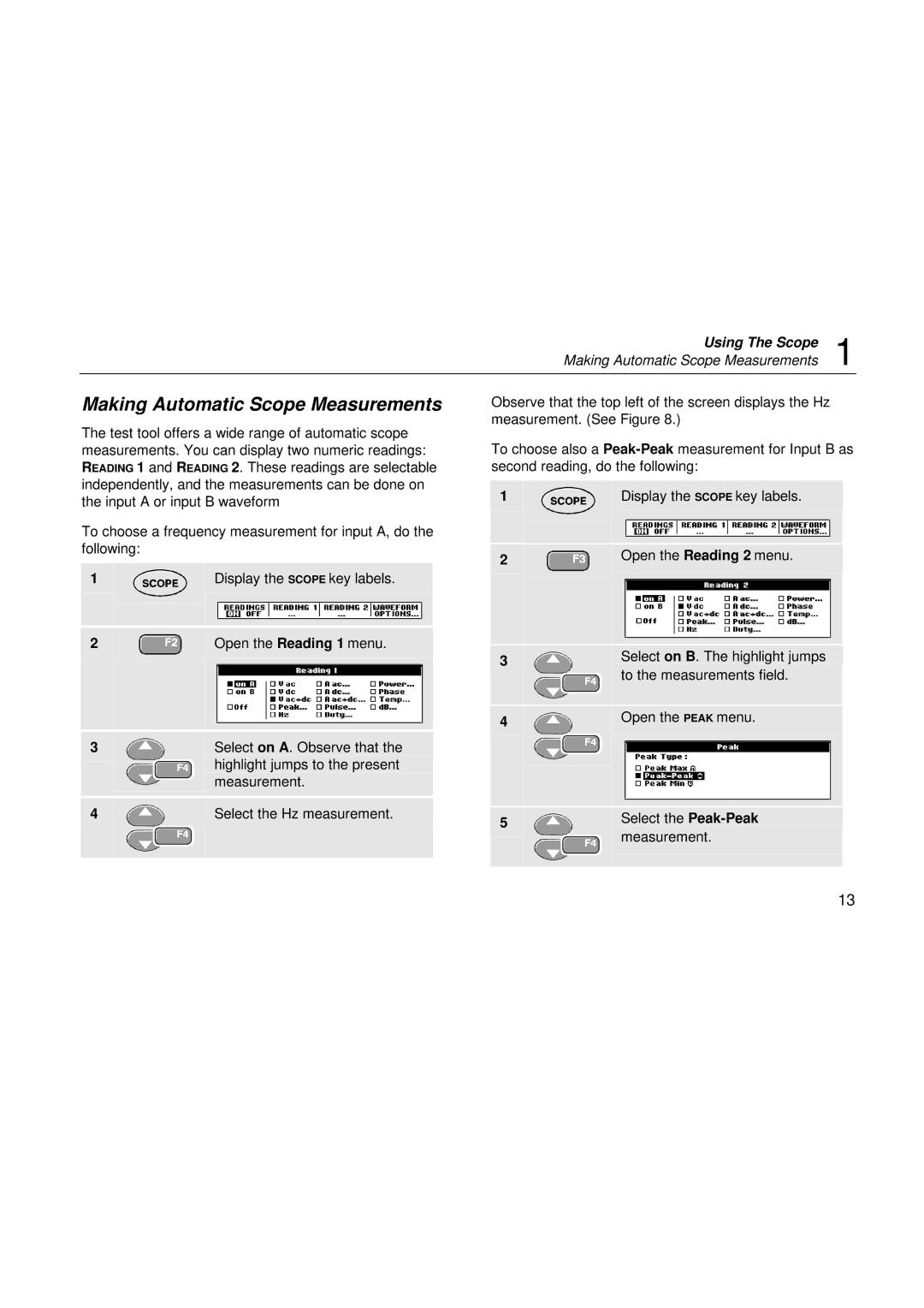 Fluke 199, 196, 192 user manual Making Automatic Scope Measurements, Select the Peak-Peak 