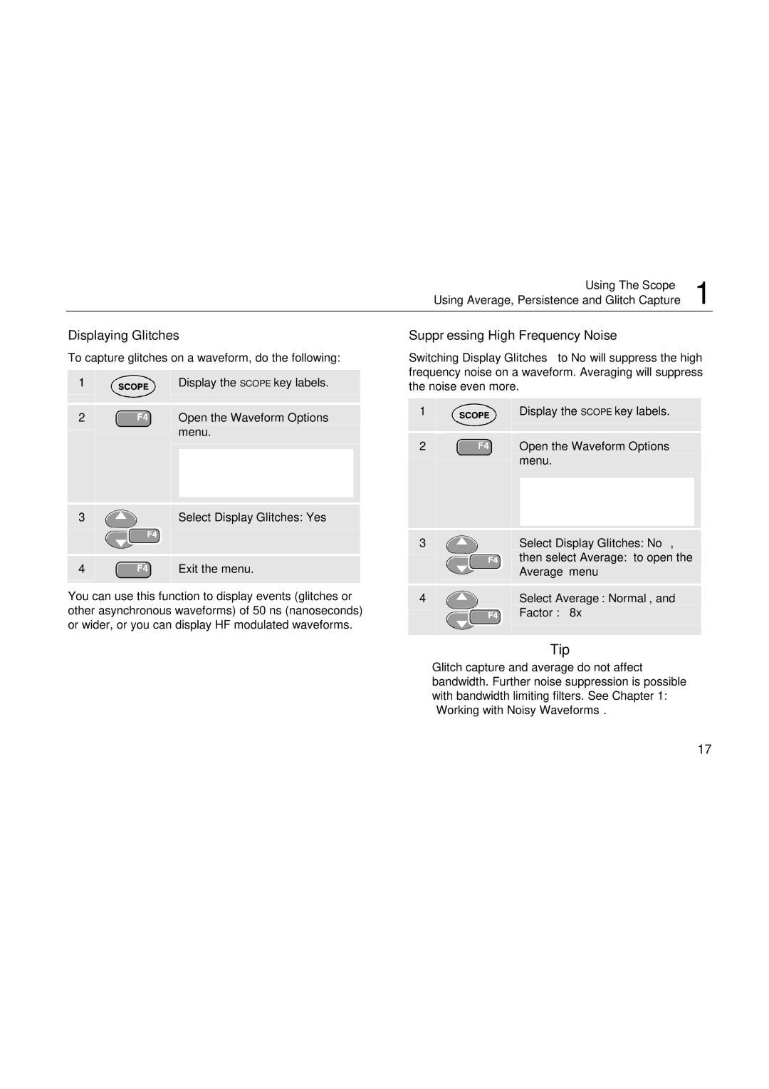 Fluke 196, 199, 192 user manual Displaying Glitches, Suppressing High Frequency Noise 