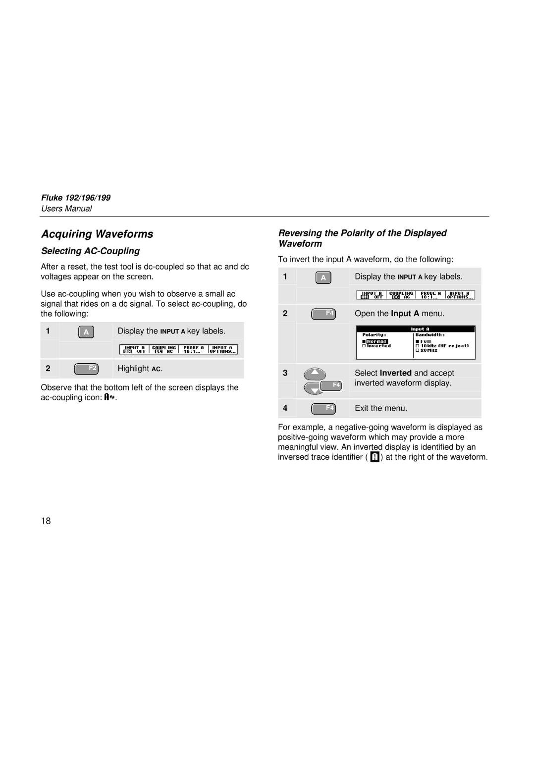 Fluke 192, 199, 196 user manual Acquiring Waveforms, Selecting AC-Coupling, Reversing the Polarity of the Displayed Waveform 