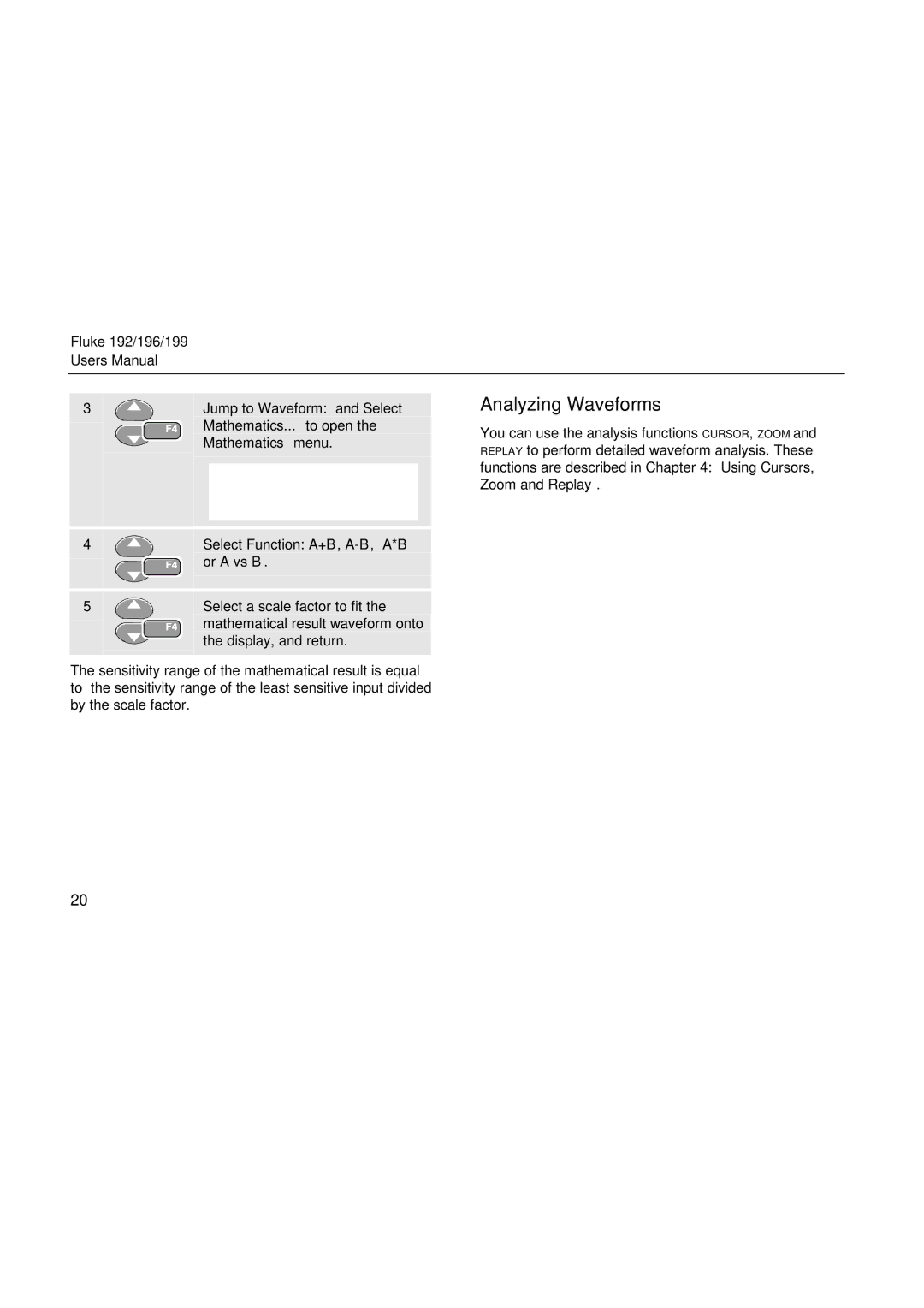 Fluke 196, 199, 192 user manual Analyzing Waveforms, Mathematics... to open, Mathematics menu, Or a vs B 