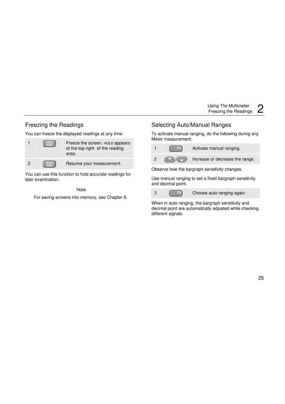 Fluke 199, 196, 192 user manual Freezing the Readings, Selecting Auto/Manual Ranges 