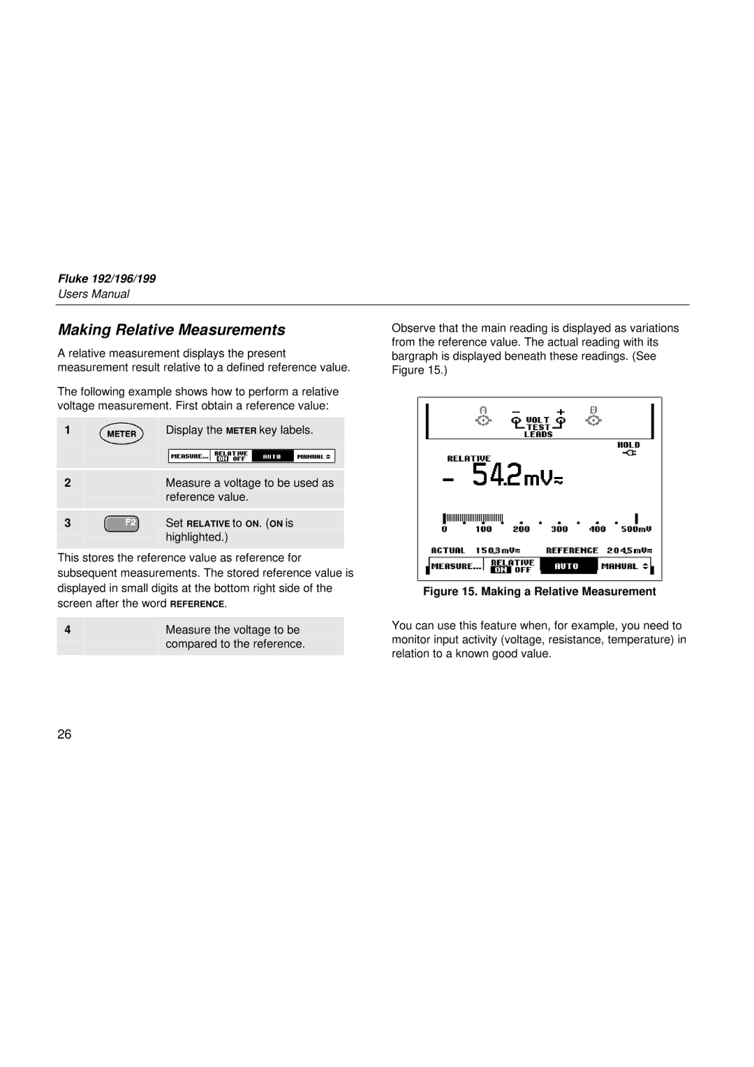 Fluke 196, 199, 192 user manual Making Relative Measurements, Making a Relative Measurement 