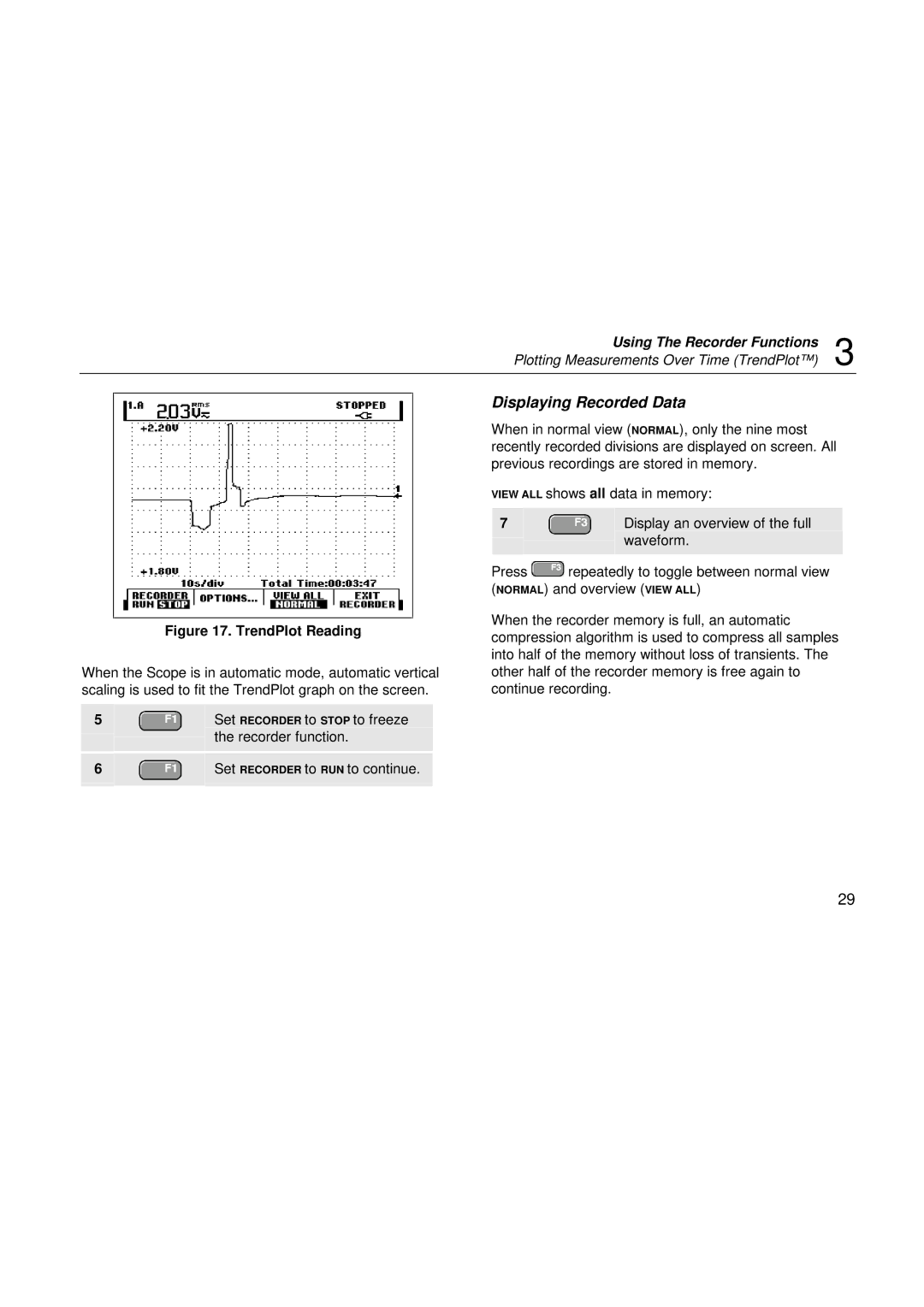 Fluke 196, 199, 192 user manual Displaying Recorded Data, TrendPlot Reading 