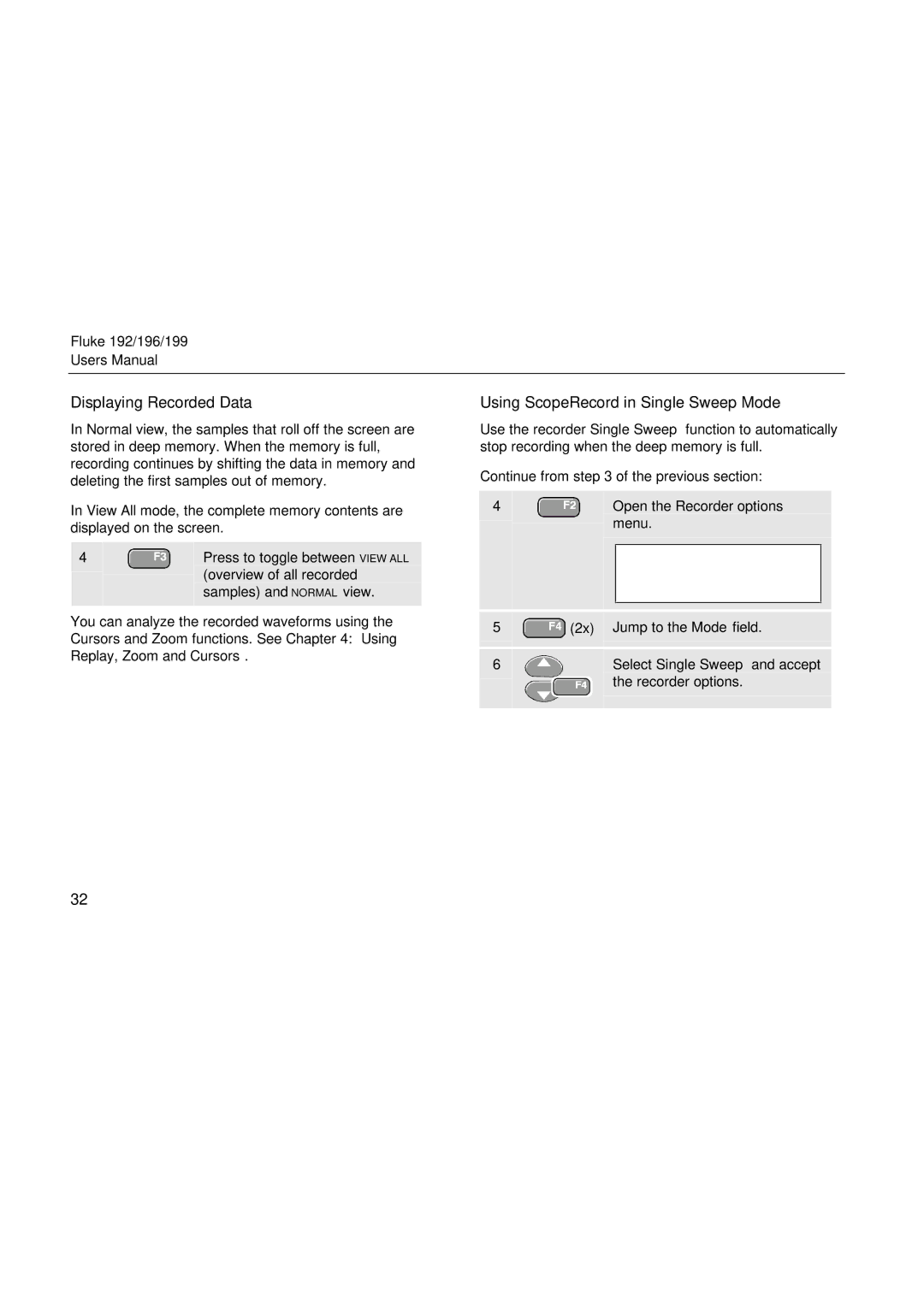 Fluke 196, 199, 192 user manual Displaying Recorded Data, Using ScopeRecord in Single Sweep Mode 