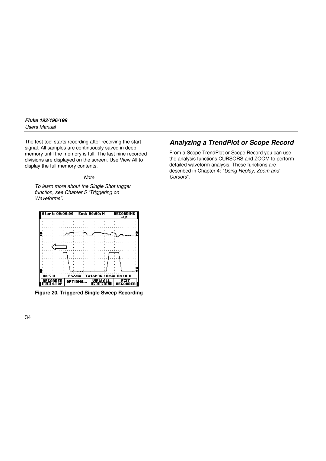 Fluke 199, 196, 192 user manual Analyzing a TrendPlot or Scope Record, Triggered Single Sweep Recording 