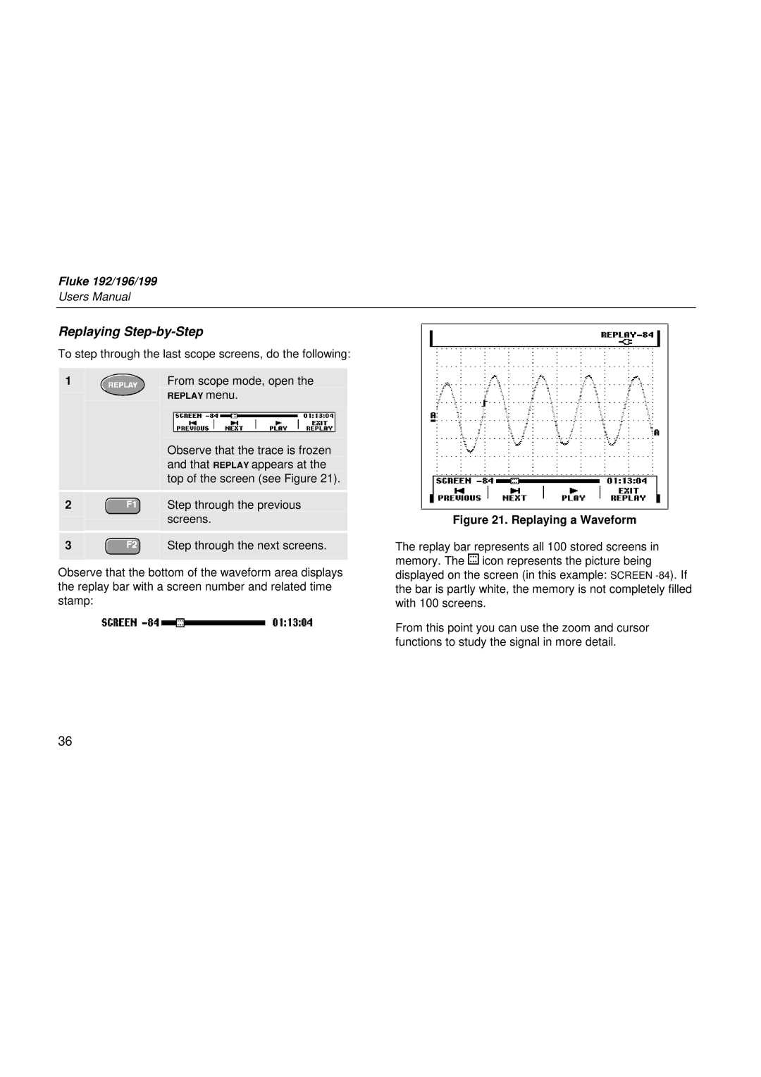 Fluke 192, 199, 196 user manual Replaying Step-by-Step, Replaying a Waveform 