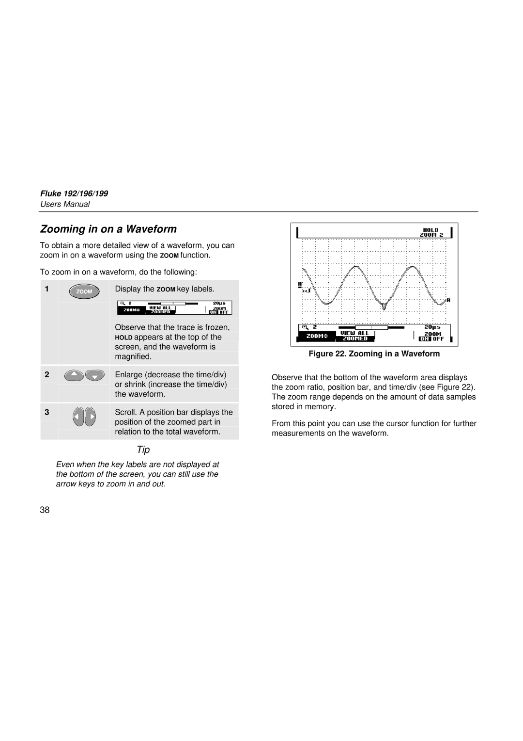 Fluke 196, 199, 192 user manual Zooming in on a Waveform, Zooming in a Waveform 