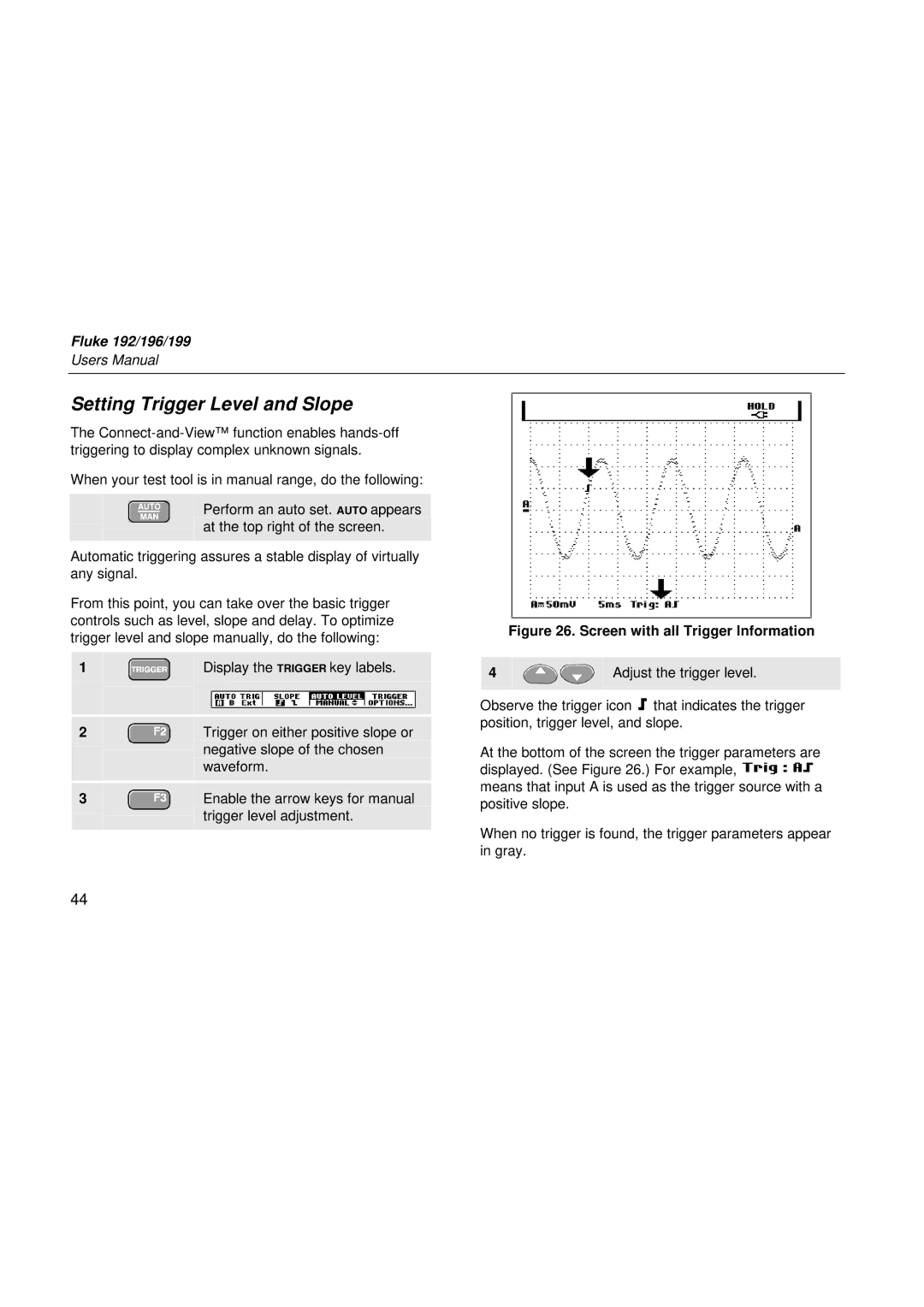 Fluke 196, 199, 192 user manual Setting Trigger Level and Slope, Screen with all Trigger Information 