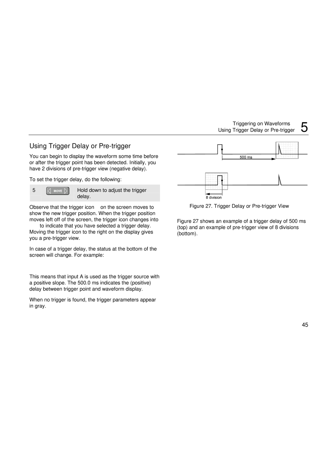 Fluke 192, 199, 196 user manual Using Trigger Delay or Pre-trigger, Trigger Delay or Pre-trigger View 