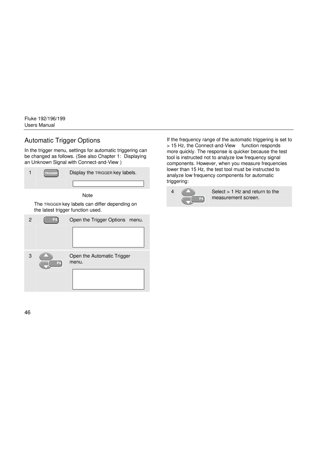 Fluke 199, 196, 192 user manual Automatic Trigger Options, Open the Trigger Options menu, Open the Automatic Trigger 