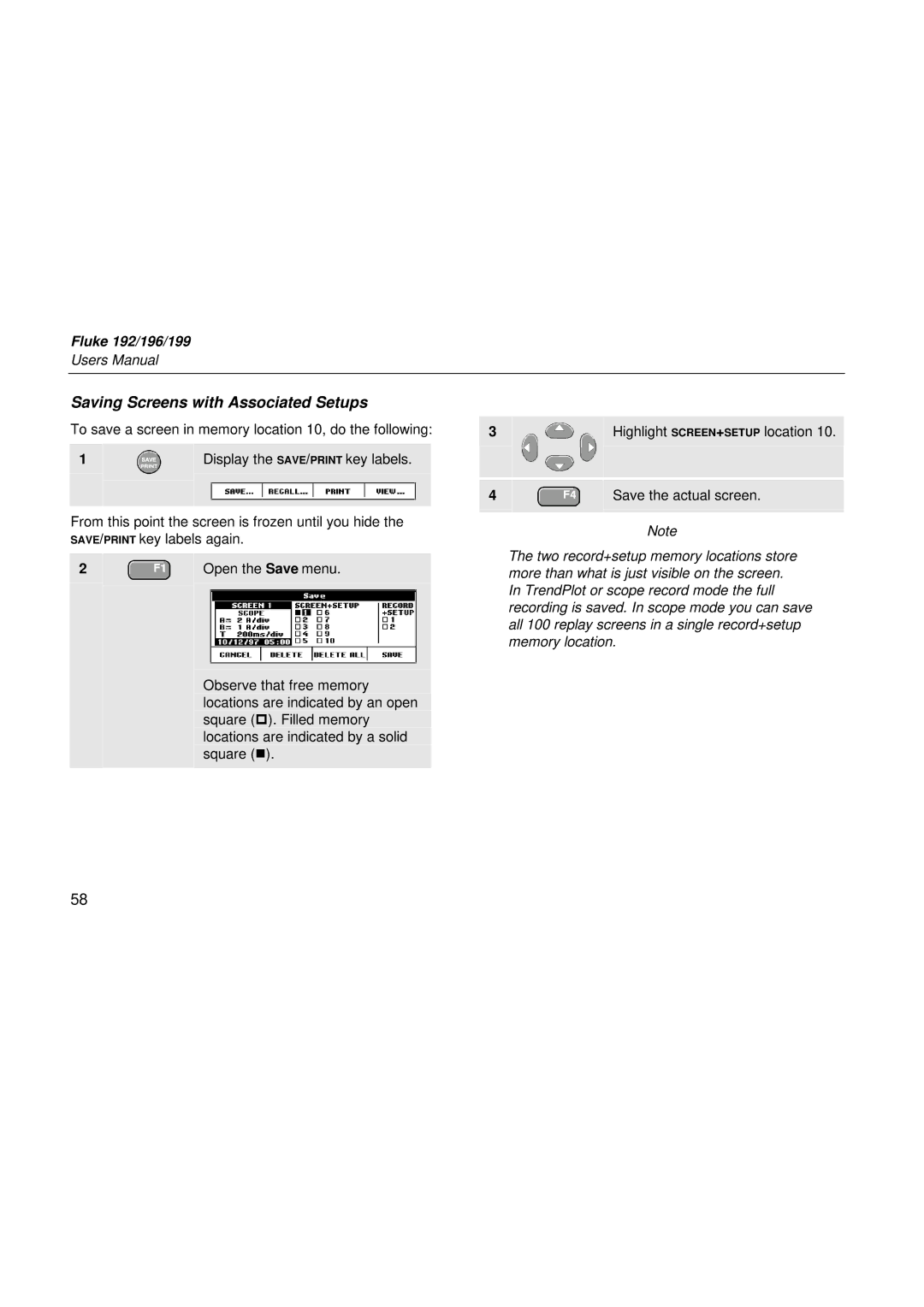 Fluke 199, 196, 192 user manual Saving Screens with Associated Setups 