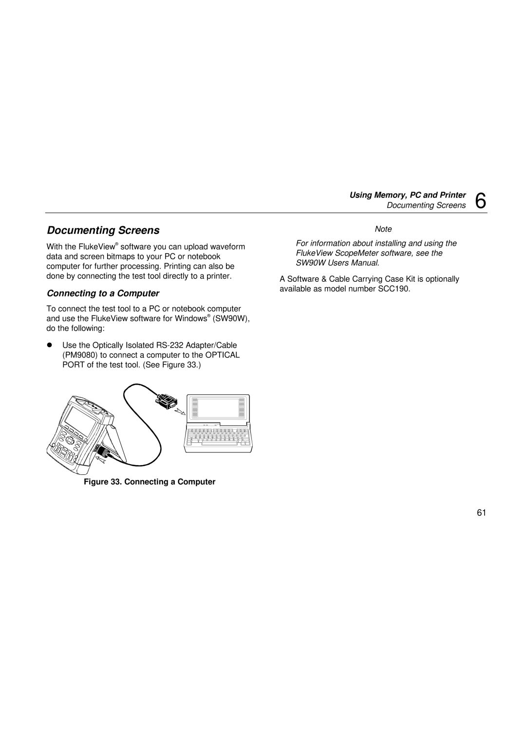 Fluke 199, 196, 192 user manual Documenting Screens, Connecting to a Computer 