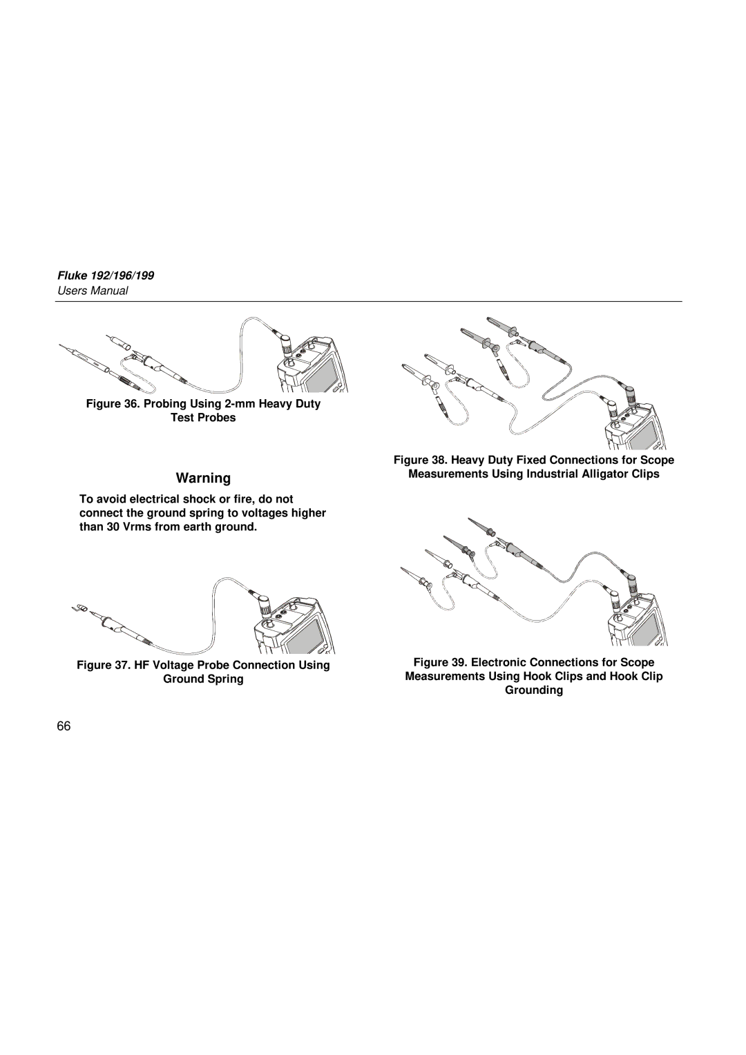 Fluke 192, 199, 196 user manual Probing Using 2-mm Heavy Duty Test Probes, Heavy Duty Fixed Connections for Scope 