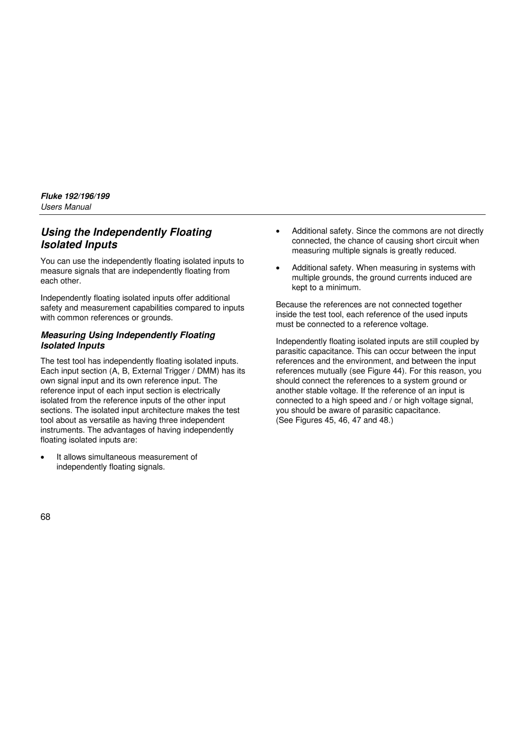 Fluke 196, 199 Using the Independently Floating Isolated Inputs, Measuring Using Independently Floating Isolated Inputs 