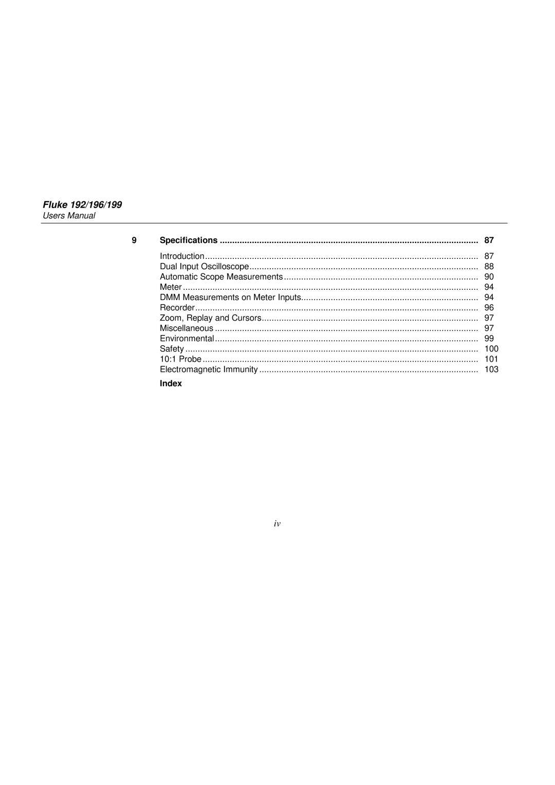 Fluke 192, 199, 196 user manual Specifications, Index 