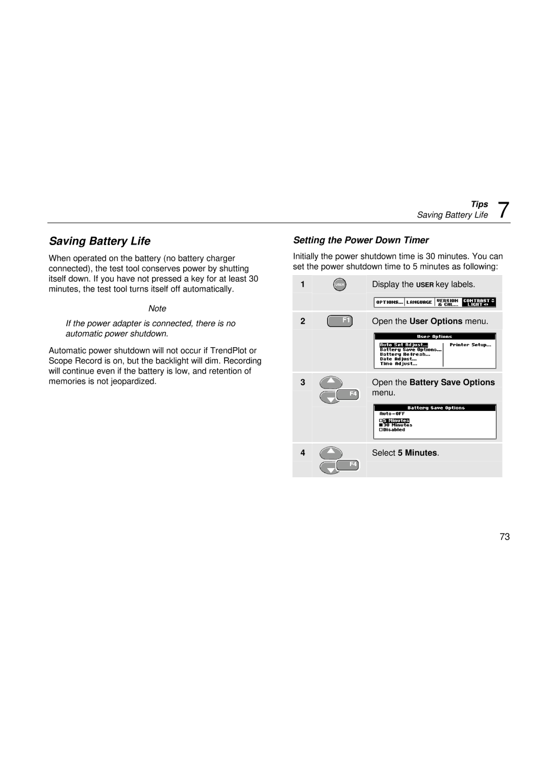 Fluke 199, 196, 192 user manual Saving Battery Life, Setting the Power Down Timer 