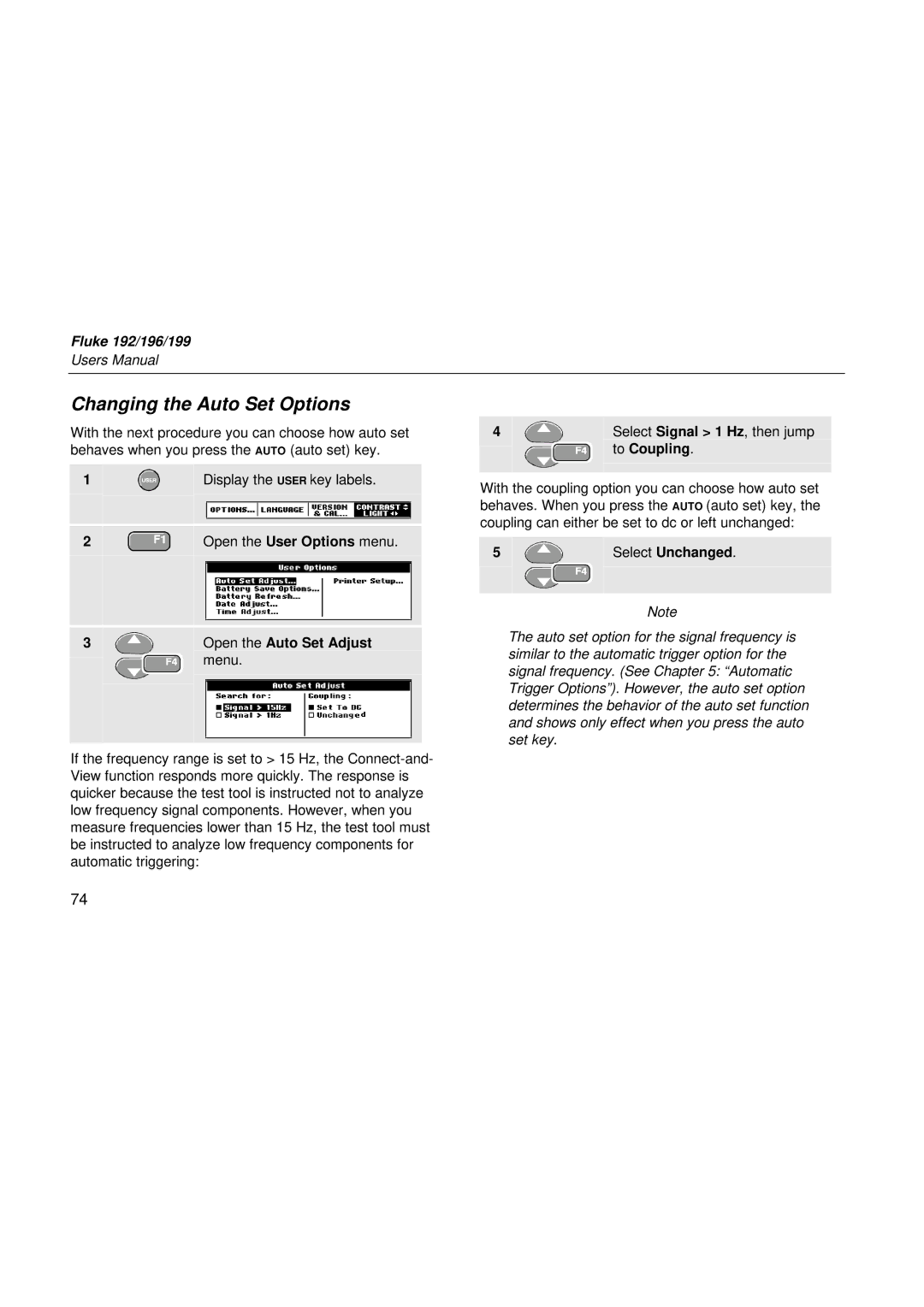 Fluke 196, 199, 192 Changing the Auto Set Options, Open the User Options menu Open the Auto Set Adjust Menu, To Coupling 