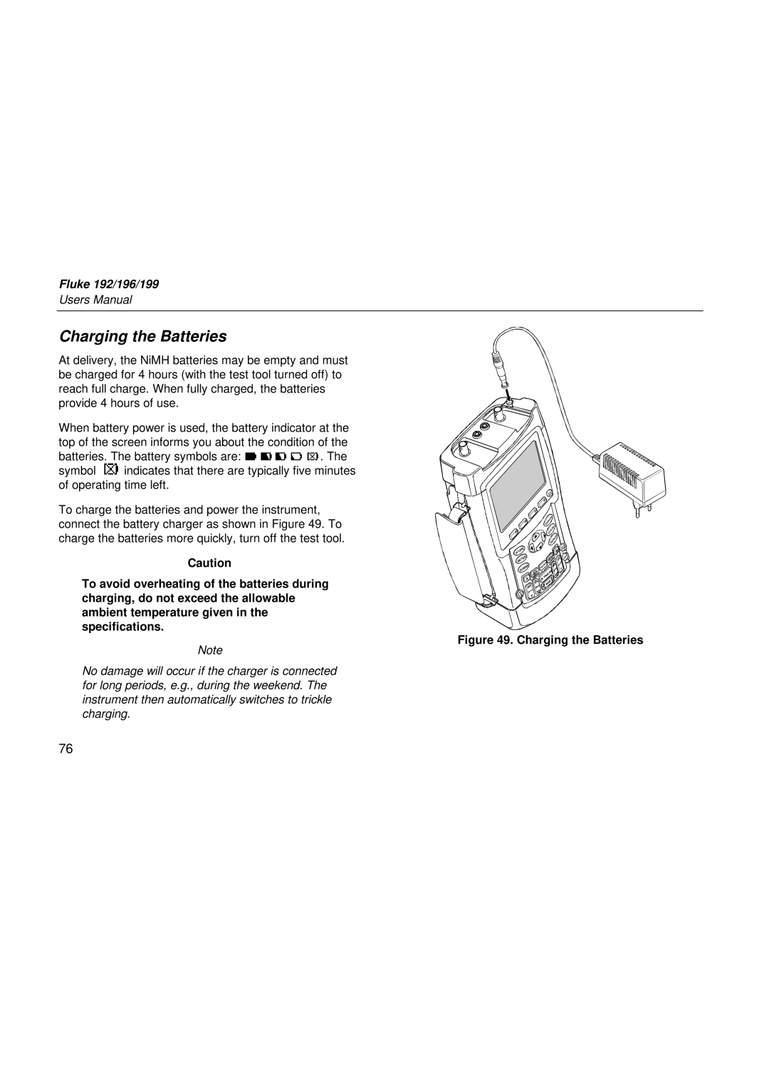 Fluke 199, 196, 192 user manual Charging the Batteries 