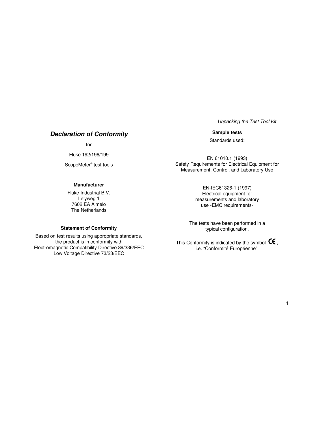 Fluke 199, 196, 192 user manual Declaration of Conformity, Manufacturer, Statement of Conformity, Sample tests 