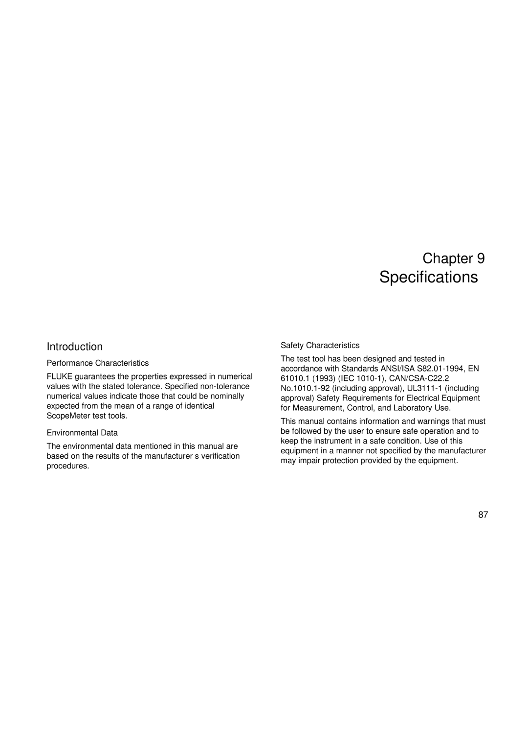 Fluke 192, 199, 196 Specifications, Introduction, Performance Characteristics, Environmental Data, Safety Characteristics 