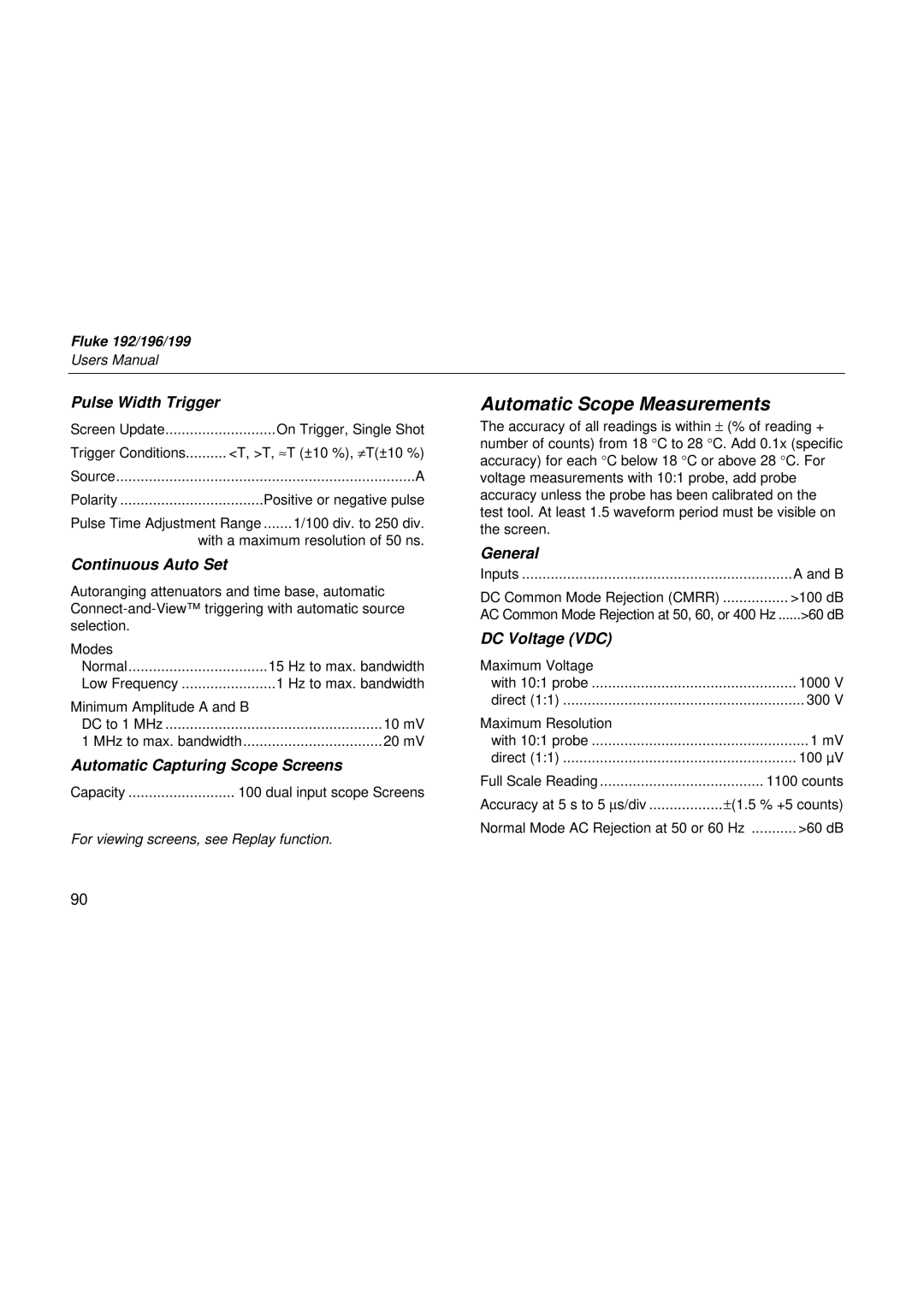 Fluke 192, 199, 196 user manual Automatic Scope Measurements 