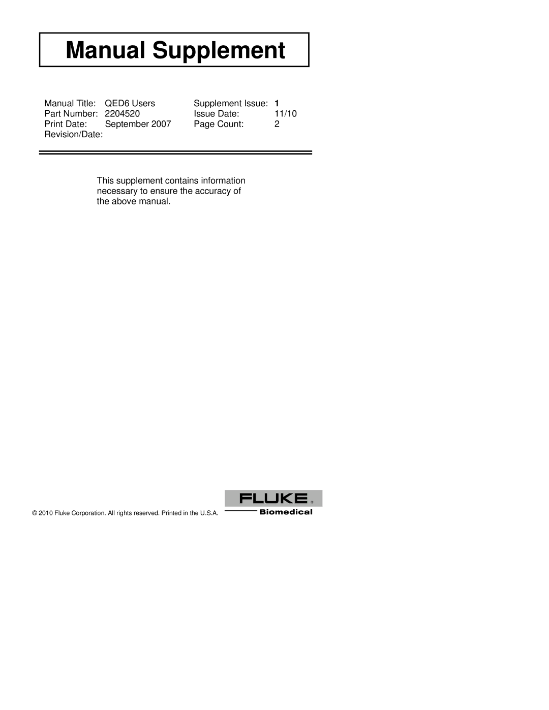 Fluke 2204520 manual Manual Supplement 