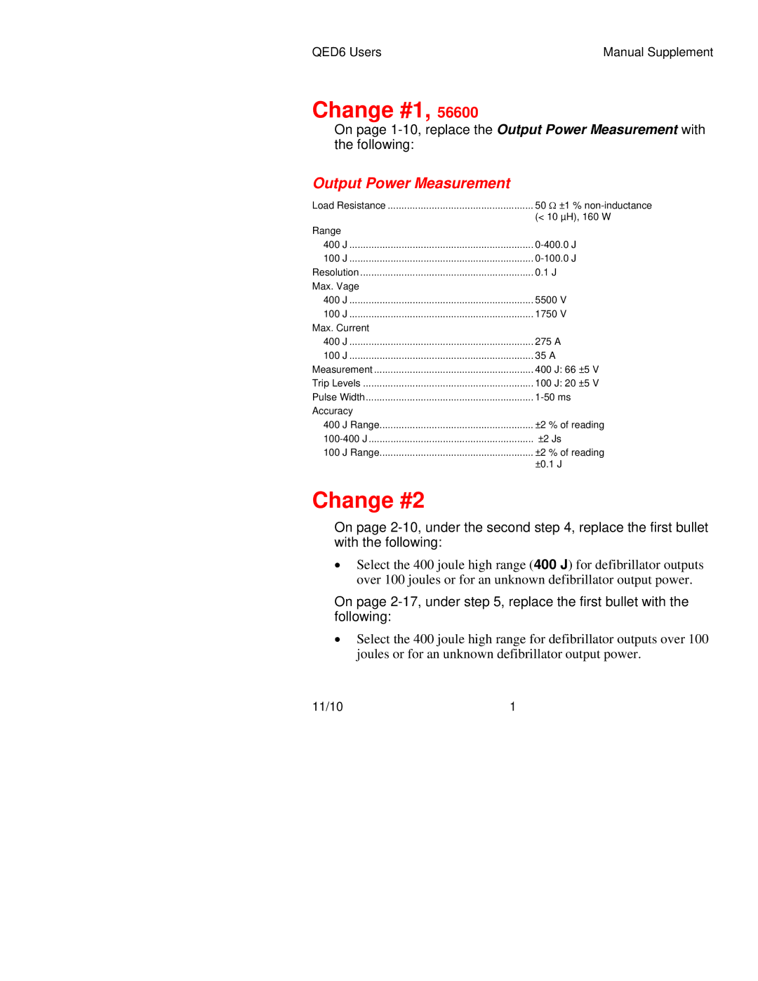 Fluke 2204520 manual Change #1, Change #2, Output Power Measurement 