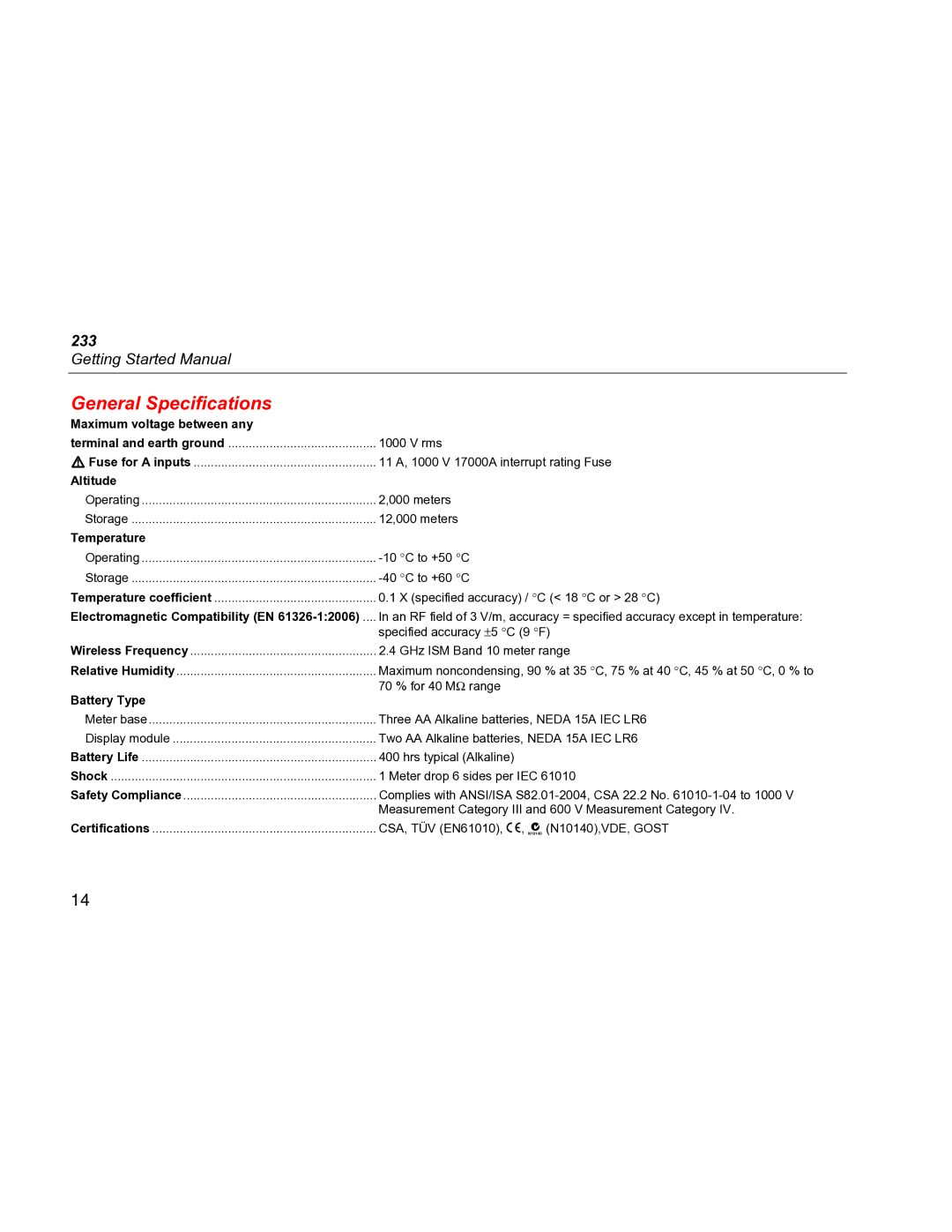 Fluke 233 specifications General Specifications, Temperature 