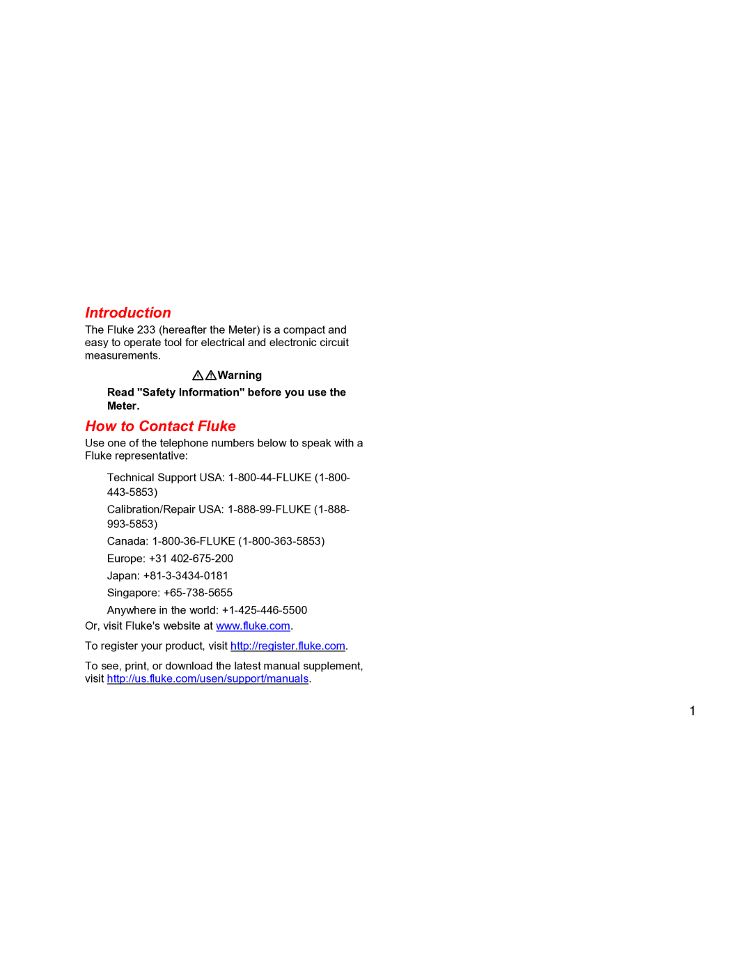 Fluke 233 specifications Introduction, How to Contact Fluke, XWWarning Read Safety Information before you use the Meter 