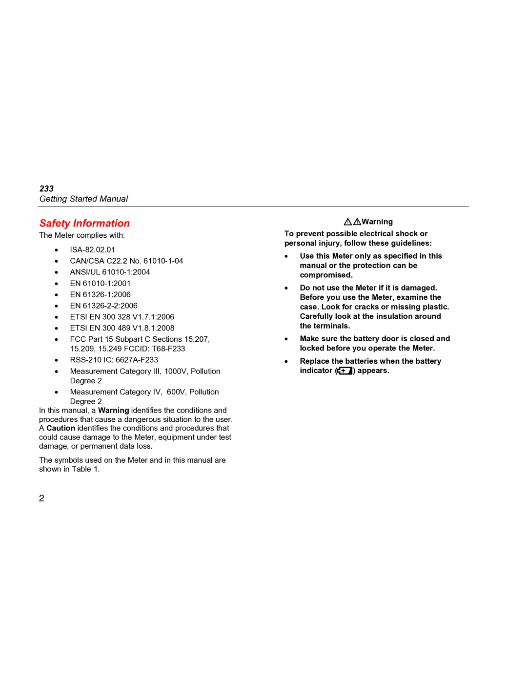 Fluke 233 specifications Safety Information, XWWarning 