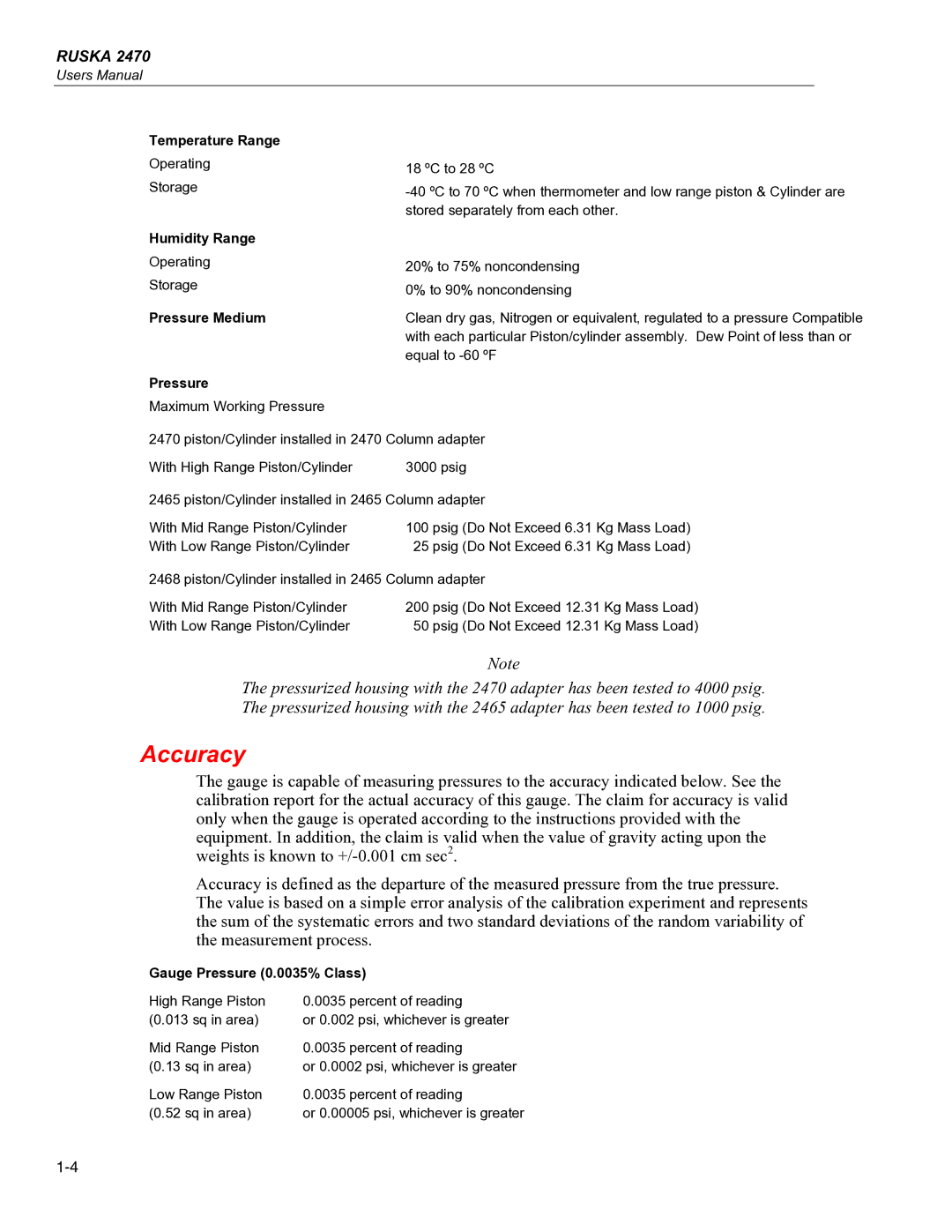 Fluke 2470 specifications Accuracy, Humidity Range 