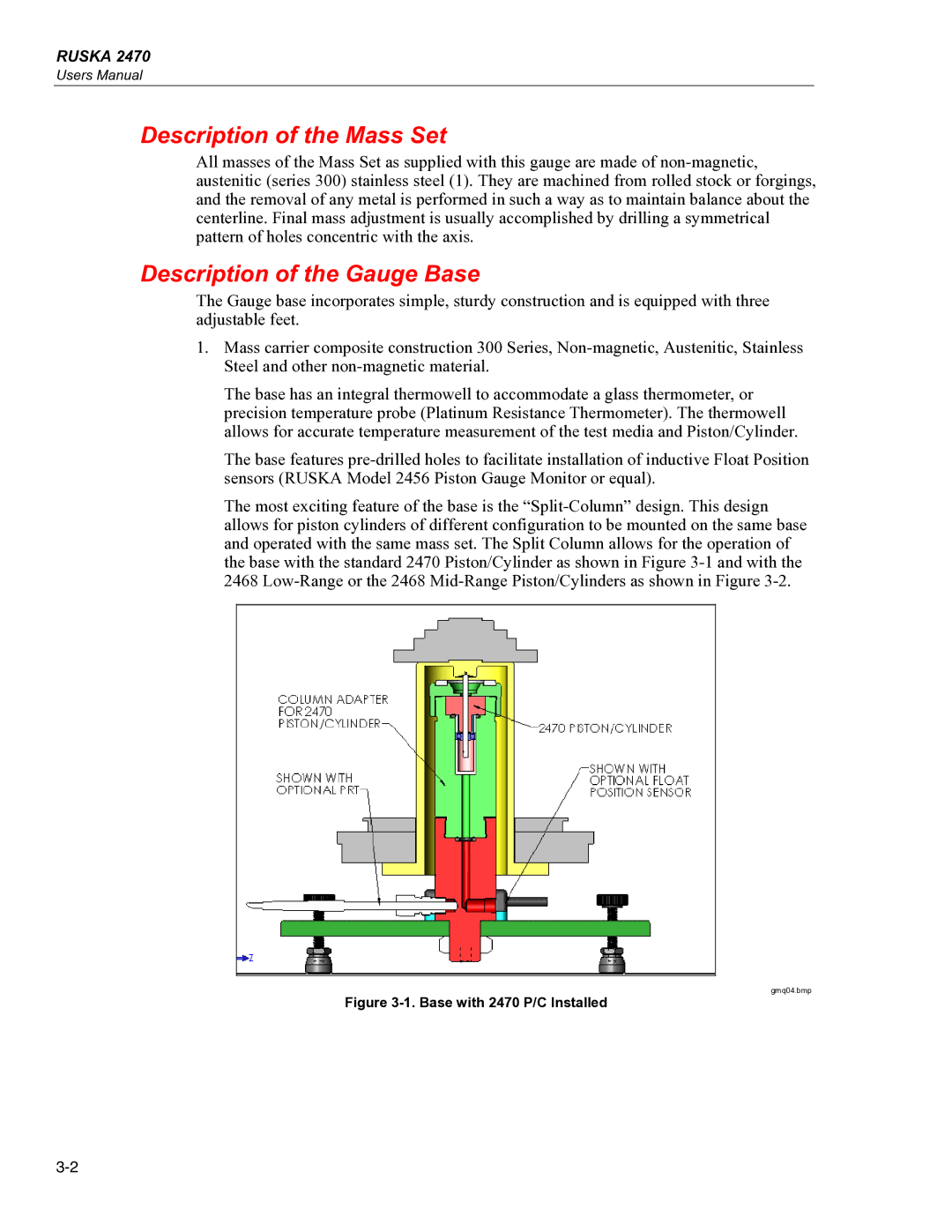 Fluke 2470 specifications Description of the Mass Set, Description of the Gauge Base 