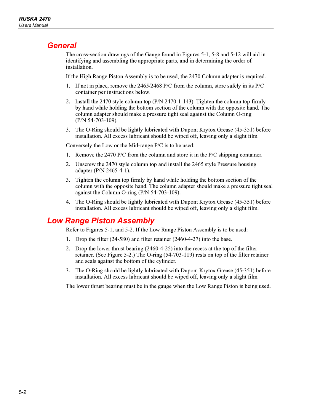 Fluke 2470 specifications General, Low Range Piston Assembly 