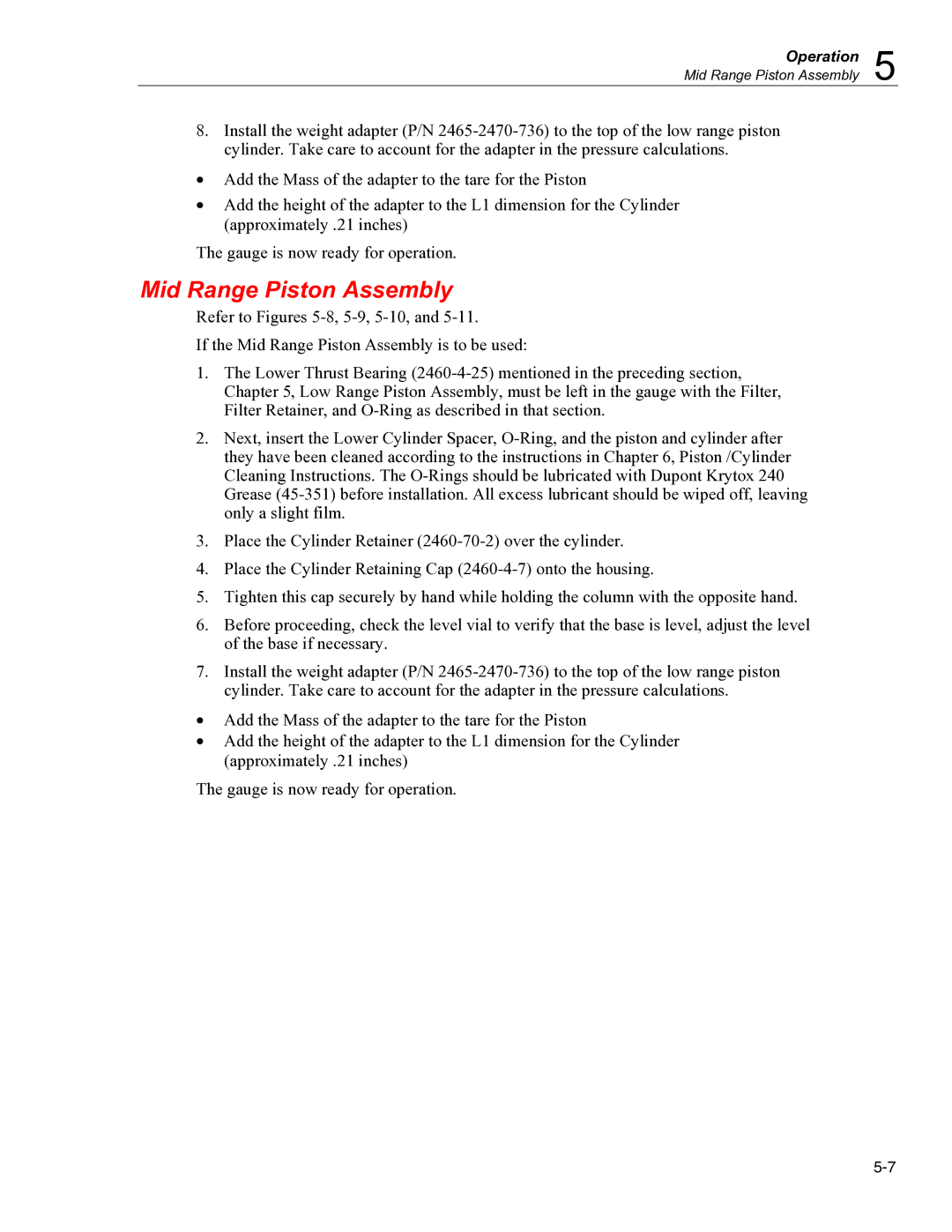 Fluke 2470 specifications Mid Range Piston Assembly 