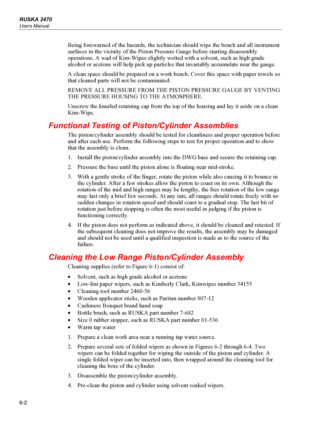 Fluke 2470 specifications Functional Testing of Piston/Cylinder Assemblies, Cleaning the Low Range Piston/Cylinder Assembly 