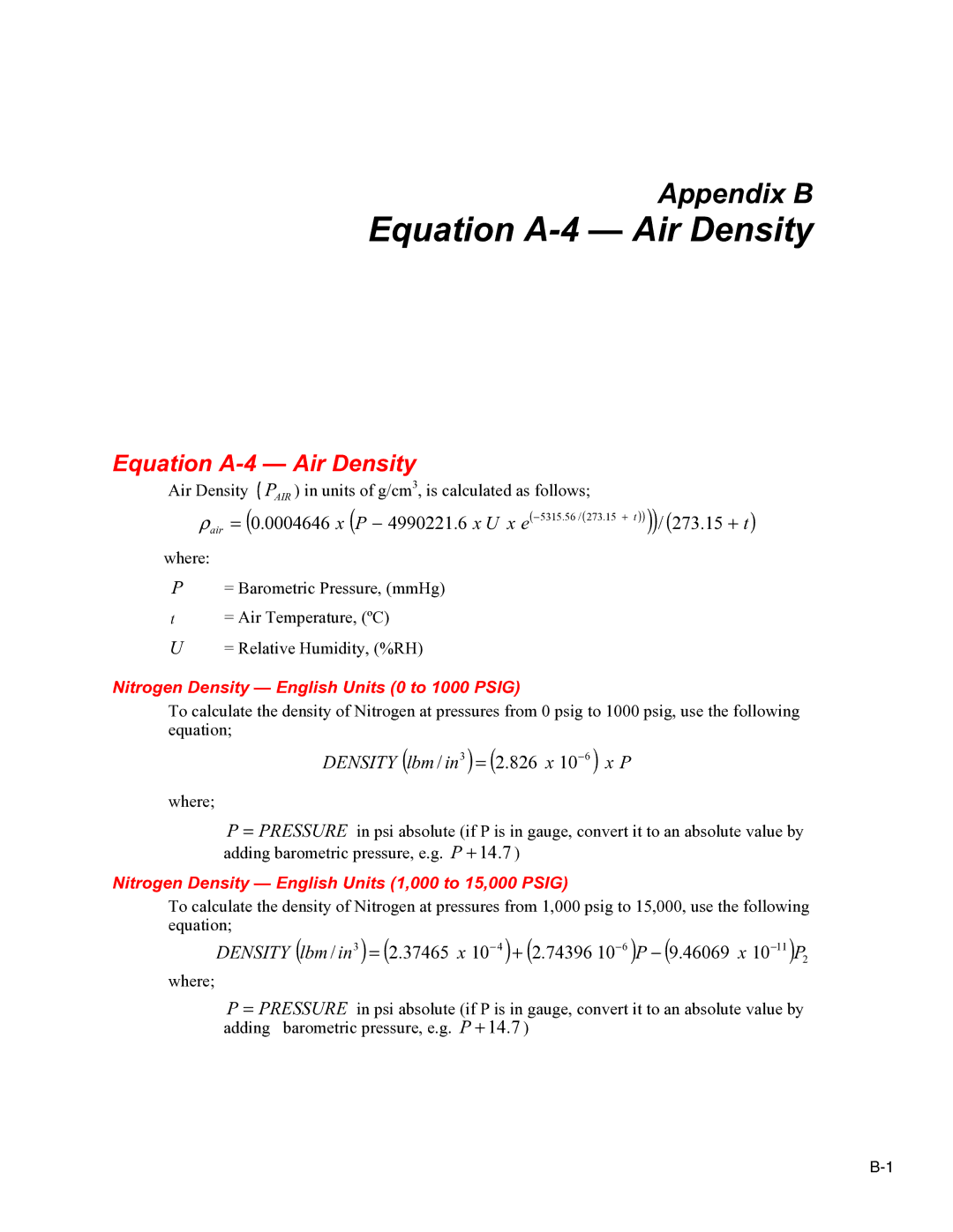 Fluke 2470 specifications Equation A-4 Air Density, Nitrogen Density English Units 0 to 1000 Psig 